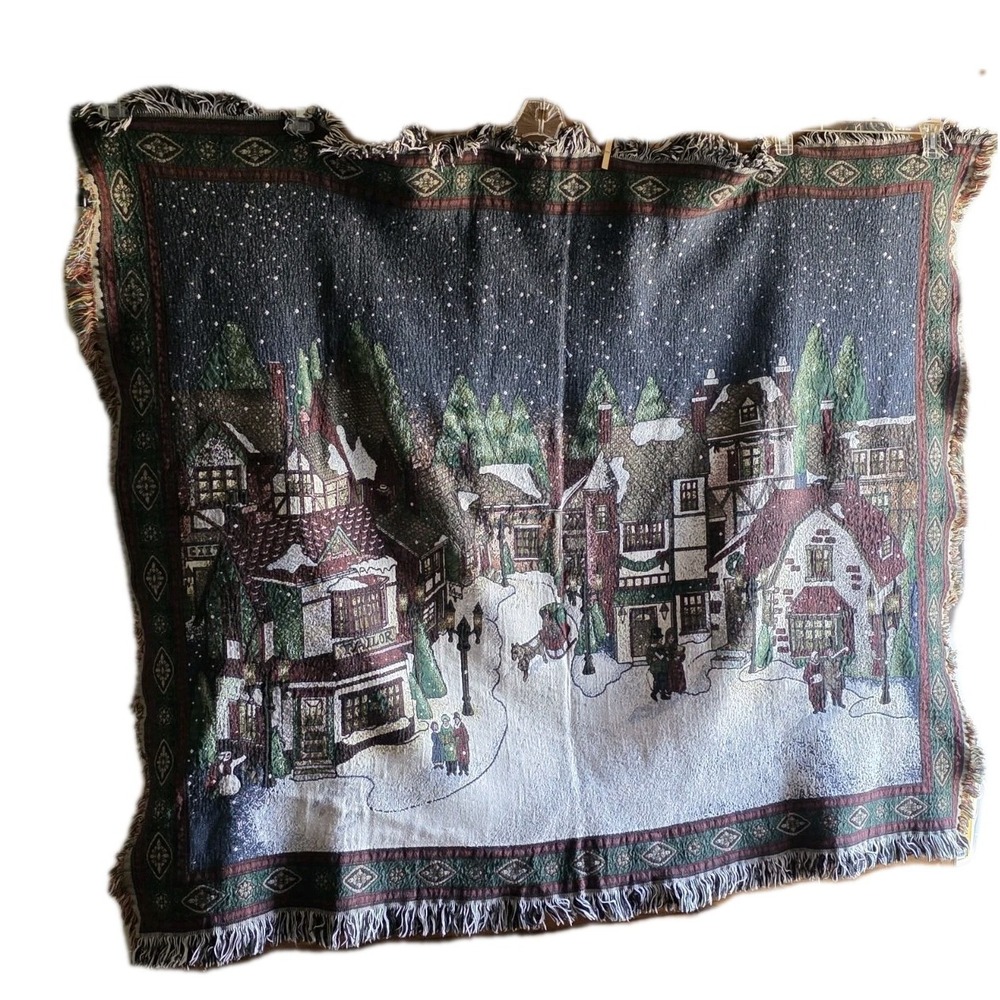 Chatham Christmas Village Throw Royal Tapestry Vintage Cotton USA
